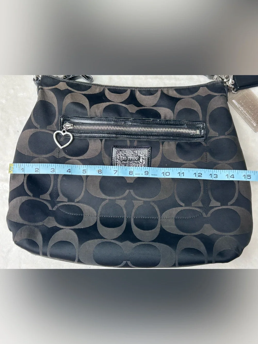 Coach #F20064 Black & Brown Signature Fabric Crossbody Hobo Bag Heart Charm